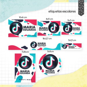 Apresentação de etiquetas escolares com tema digital, tamanhos variados e fundo quadriculado.