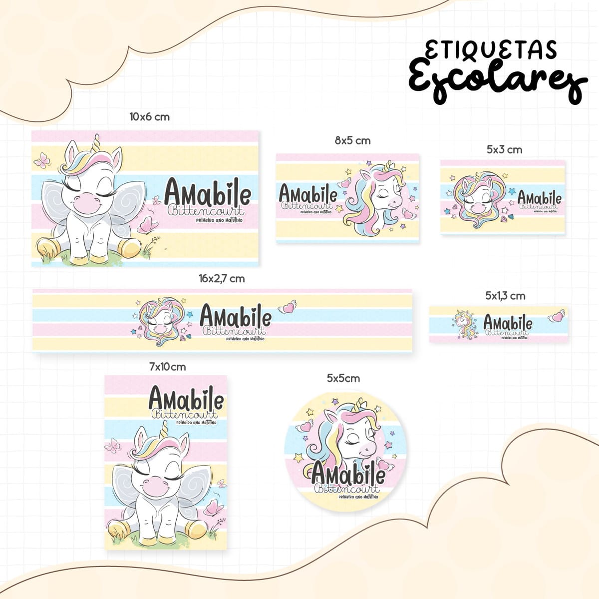 Etiqueta Escolar Unicórnio Fofinho para Personalizar 1 Conjunto de etiquetas escolares com tema de unicórnio em diferentes tamanhos e formatos.