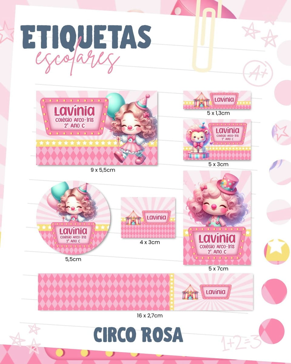 Etiquetas de Circo Rosa Arquivo Digital para Imprimir 1 Folha com diversos modelos de etiquetas escolares coloridas com tema de circo rosa