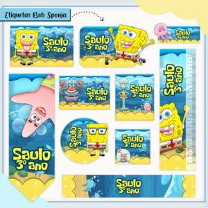 Conjunto de etiquetas escolares com ilustrações de personagens marinhos e fundo azul.