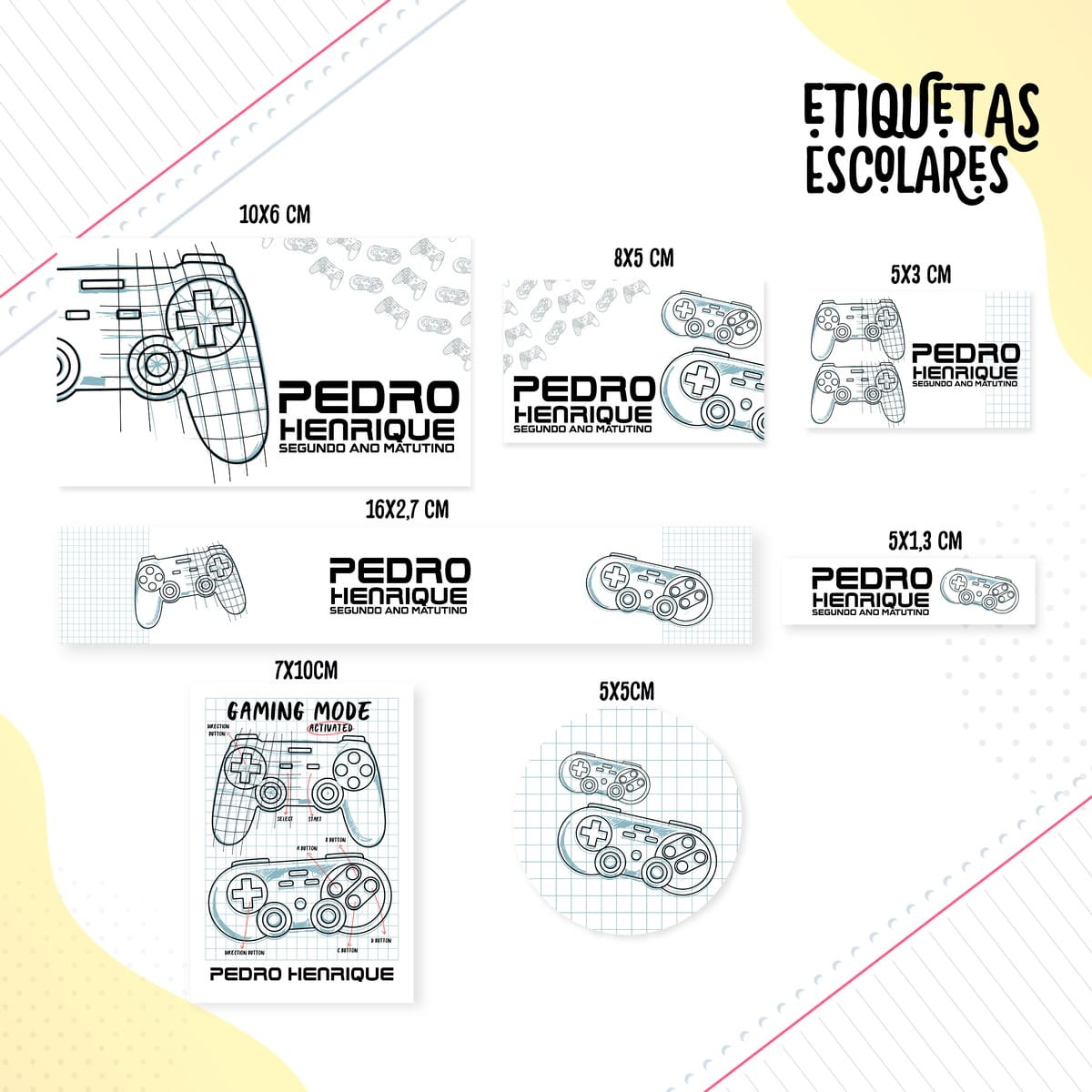 Etiquetas Escolares Kids Arquivo Digital para Imprimir 2 Várias etiquetas escolares digitais com desenhos de controles de videogame.