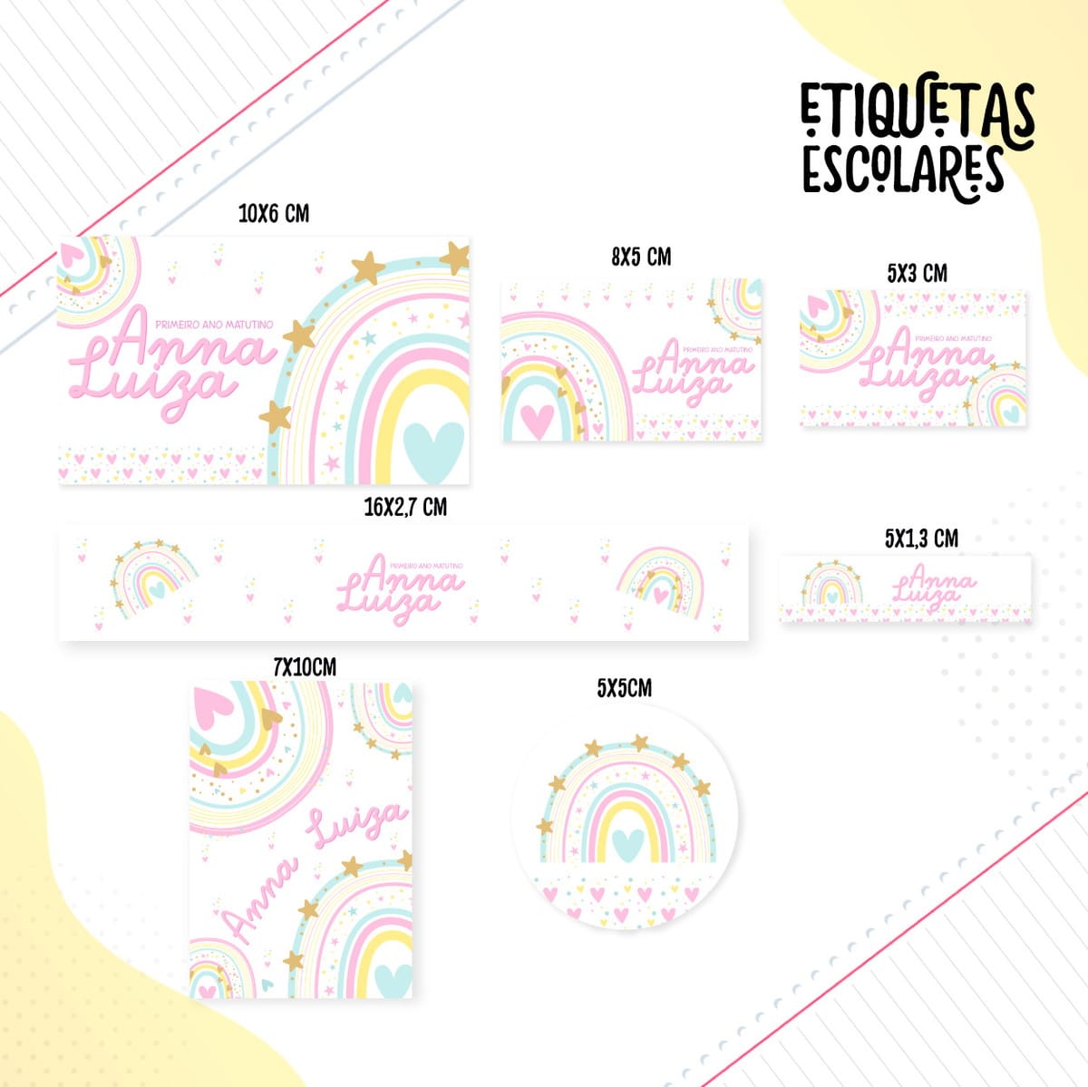 Etiquetas Escolares Kids Arquivo Digital para Imprimir 3 Etiquetas escolares digitais personalizadas com arco-íris, estrelas e corações em tons pastel.