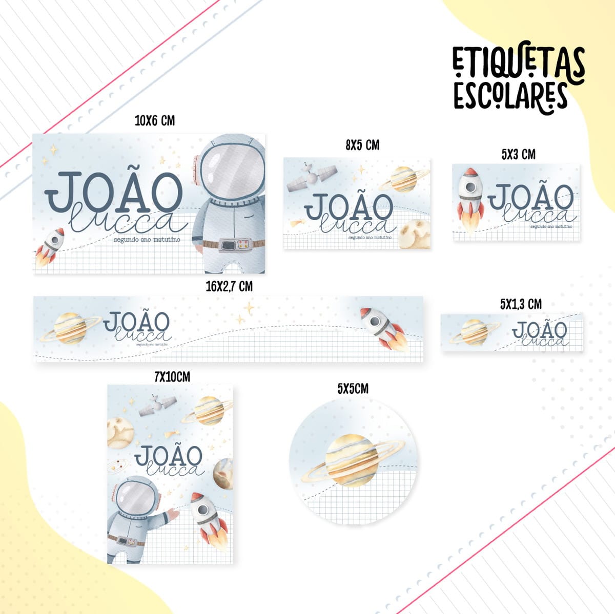 Etiquetas Escolares Kids Arquivo Digital para Imprimir 4 Arte digital de etiquetas escolares com tema espacial, astronauta, planetas e foguetes.