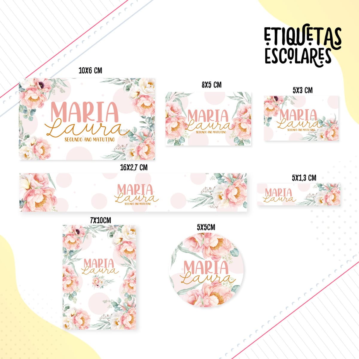 Etiquetas Escolares Kids Arquivo Digital para Imprimir 5 Arte digital de etiquetas escolares personalizáveis com design floral de peônias e folhas.