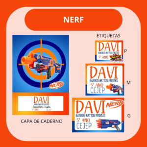 Kit de etiquetas escolares e capa de caderno com tema de lançador de brinquedo.