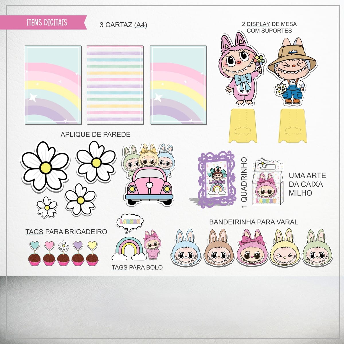 Festa Labubu Arquivo Digital com Arte Cartoon Fofa 2 Kit digital contendo cartazes, displays de mesa, apliques de flores e personagens variados.