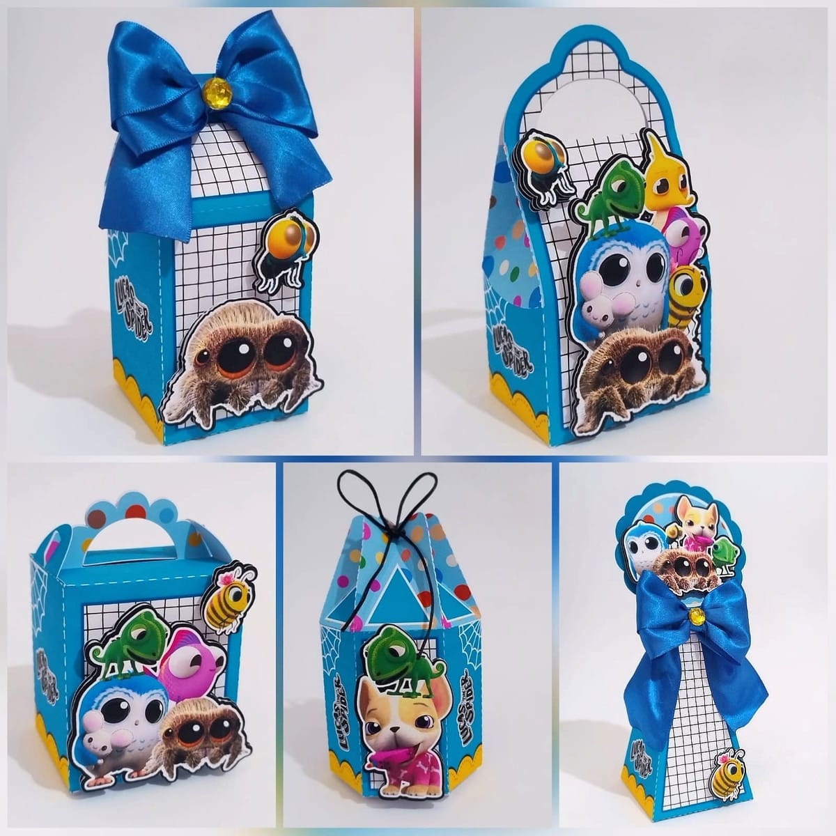 Festa Lucas The Spider Arquivo de Corte em Studio e PDF 1 Caixinhas de papel azul decoradas com adesivos de animais e laço de fita