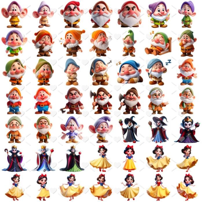 Ilustrações Branca de Neve e Os Sete Anões Cute 3D Imagens