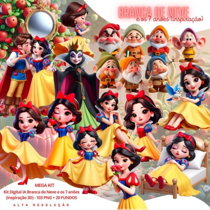 Ilustrações Branca de Neve e Os Sete Anões Cute 3D Imagens