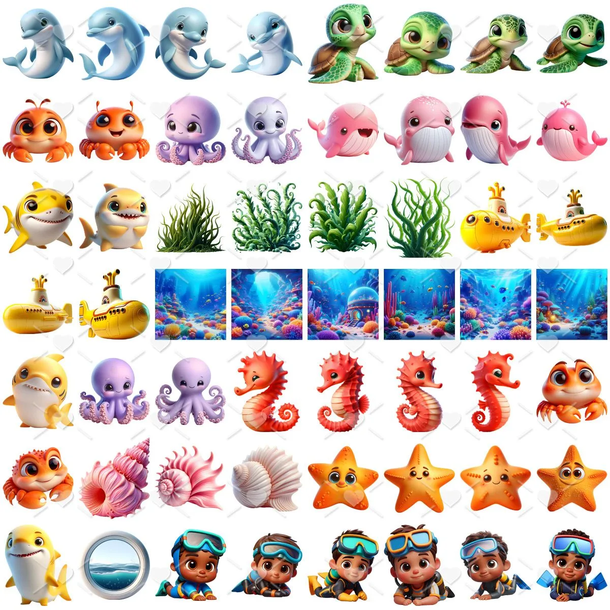 Ilustrações Fundo do Mar 3D Menino Png Baby Fofo Kit Digital