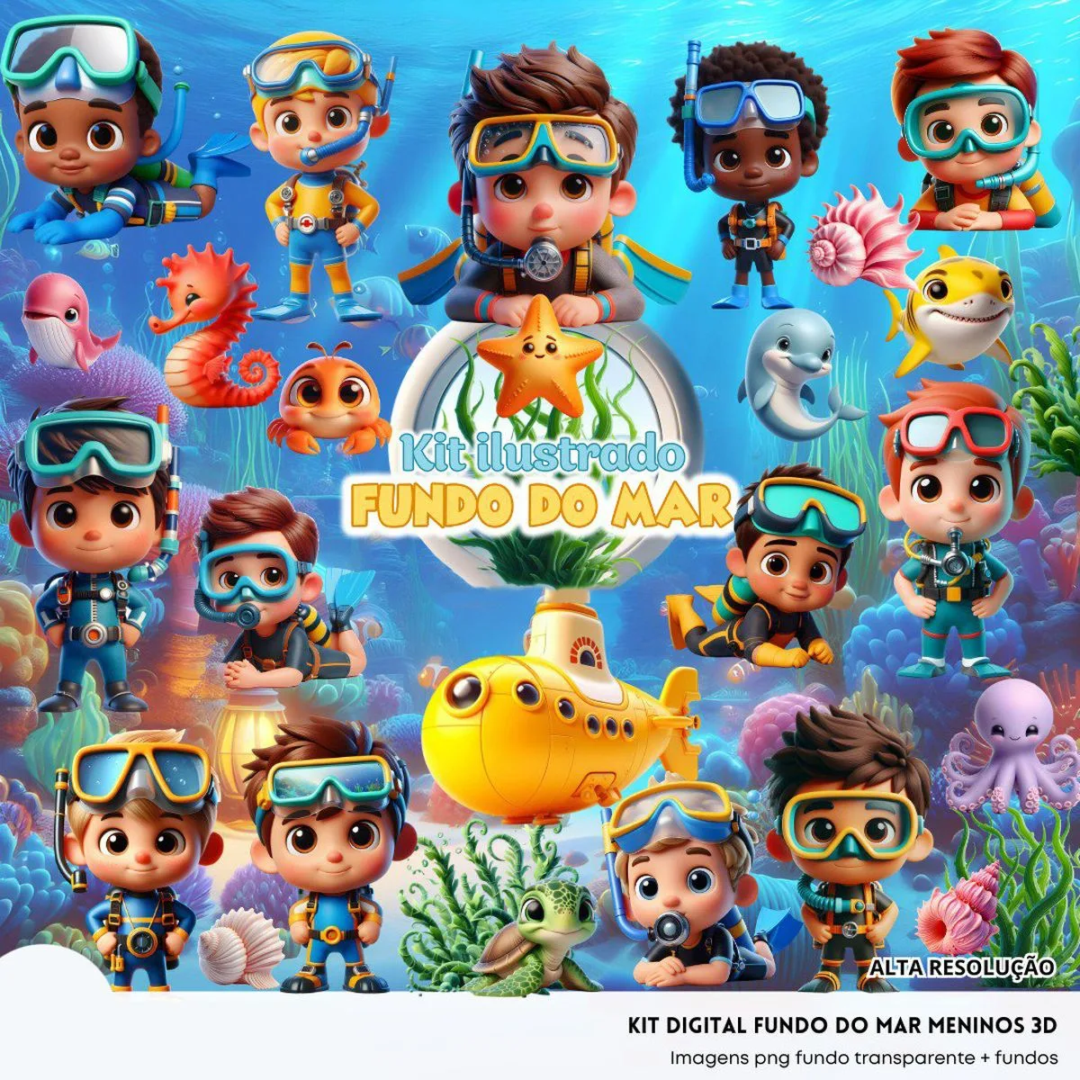 Ilustrações Fundo do Mar 3D Menino Png Baby Fofo Kit Digital