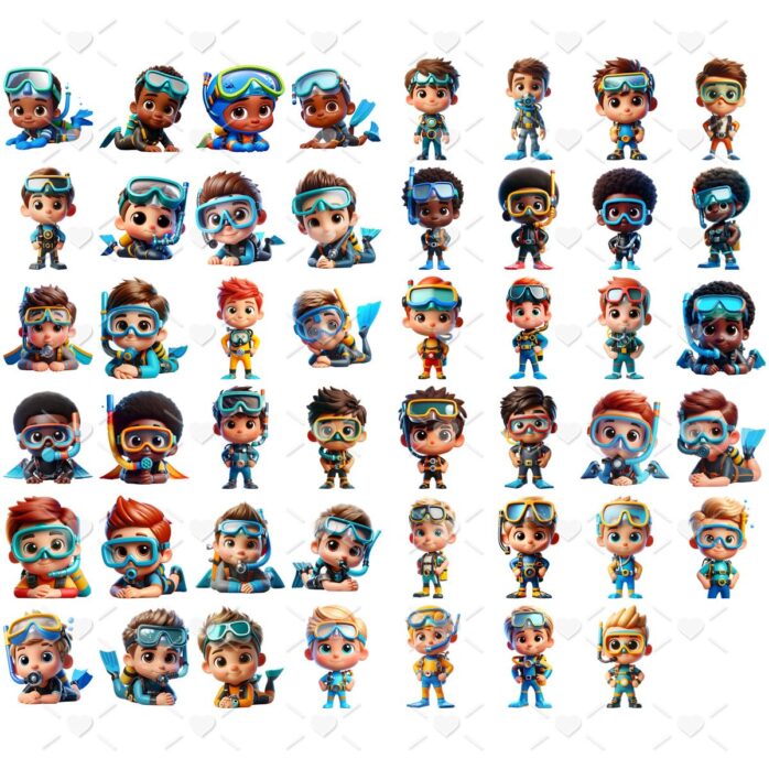 Ilustrações Fundo do Mar 3D Menino Png Baby Fofo Kit Digital