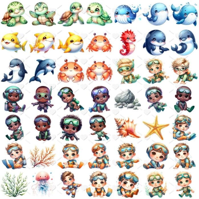 Ilustrações Fundo do Mar Aquarela Png Baby Fofo Kit Digital