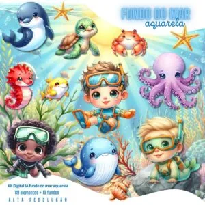 Ilustrações Fundo do Mar Aquarela Png Baby Fofo Kit Digital