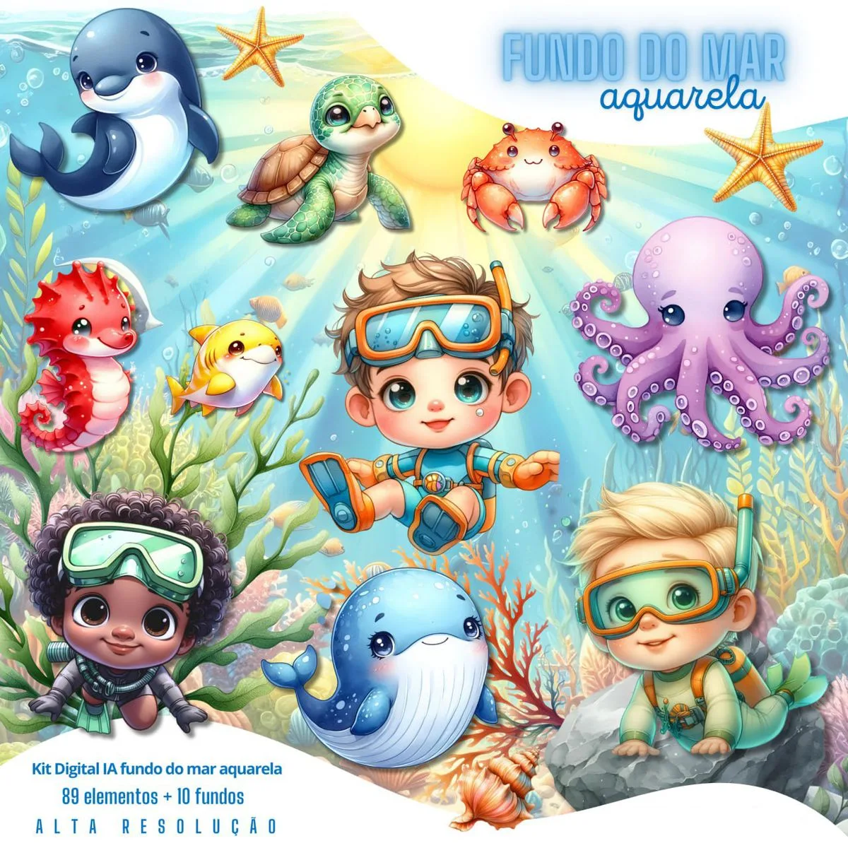 Ilustrações Fundo do Mar Aquarela Png Baby Fofo Kit Digital 1 Ilustrações Fundo do Mar Aquarela Png Baby Fofo Kit Digital