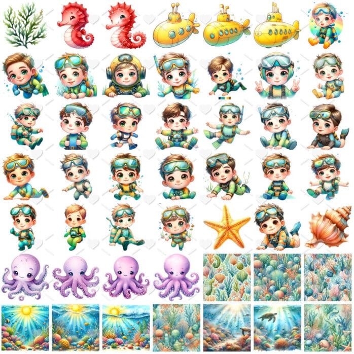 Ilustrações Fundo do Mar Aquarela Png Baby Fofo Kit Digital