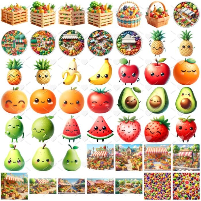 Ilustrações Hortifruti Fruteira Frutinhas e Vegetais Fofos