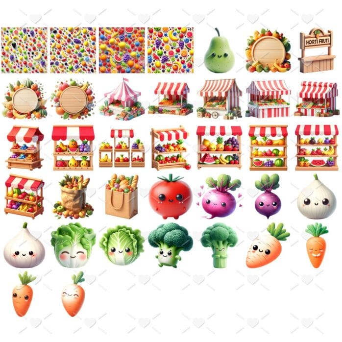 Ilustrações Hortifruti Fruteira Frutinhas e Vegetais Fofos