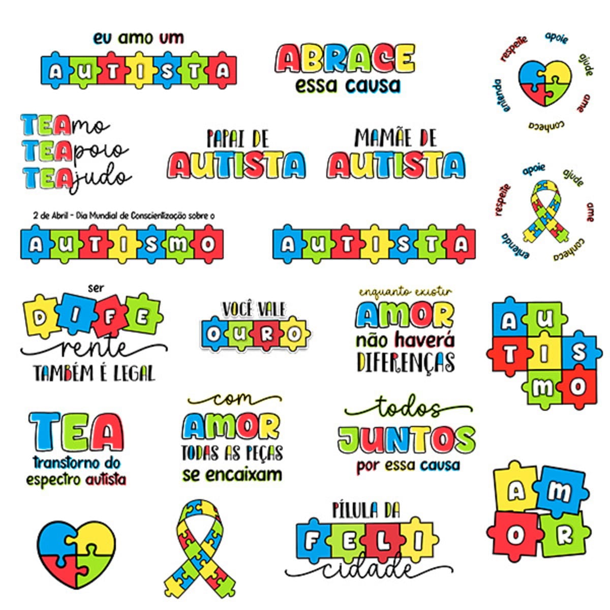 Kit Abril Azul PNG para Papelaria Infantil Personalizada 2 Coleção de ilustrações e frases coloridas relacionadas à conscientização sobre o autismo