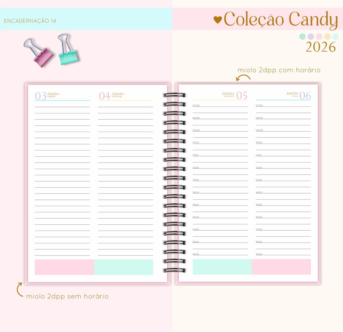 Kit Agenda 2026 Feminina Digital Coleção Candy 4 Agenda aberta com páginas pautadas mostrando dias de janeiro de 2026 em cores pastel.