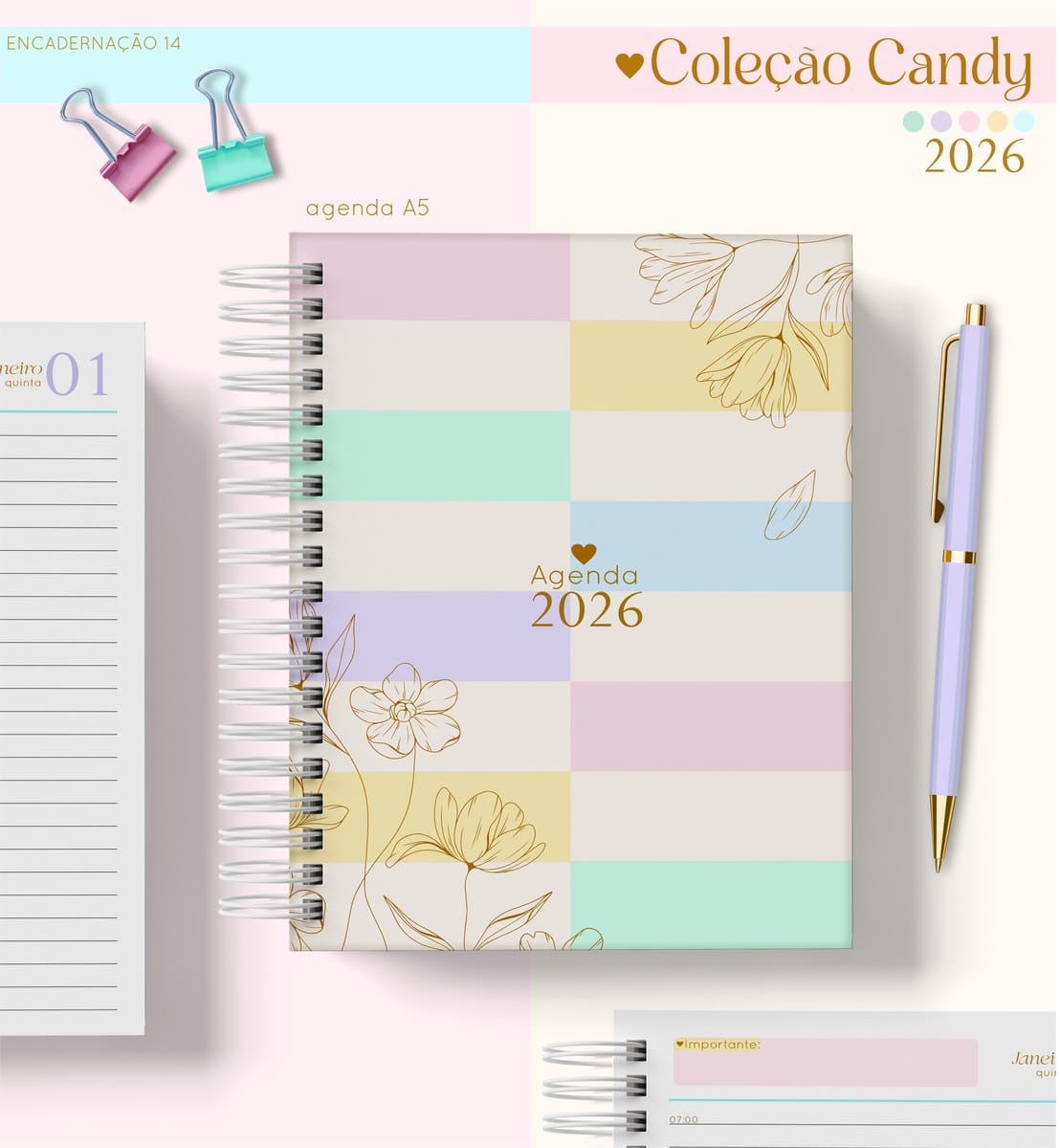 Kit Agenda 2026 Feminina Digital Coleção Candy 5 Agenda colorida com espiral branca, caneta lilás e ilustrações de flores.