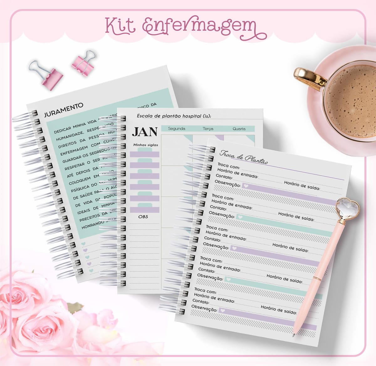 Kit Agenda Enfermagem Digital 246 Paginas para Personalizar 2 Cadernos de anotações com temas de enfermagem ao lado de flores e xícara.