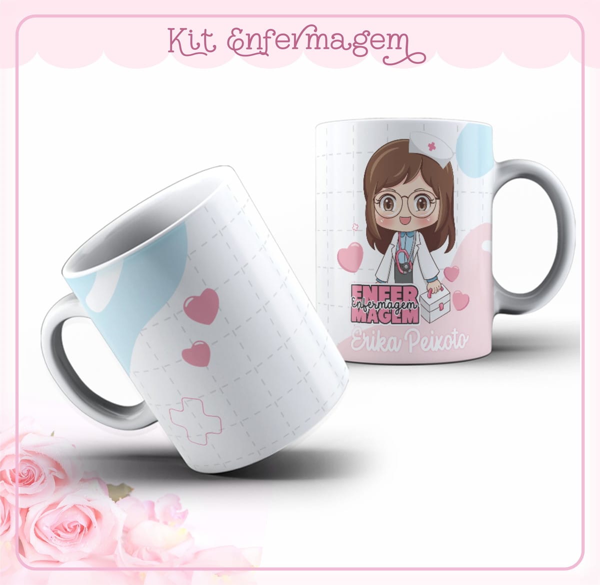 Kit Agenda Enfermagem Digital 246 Paginas para Personalizar 4 Duas canecas brancas com estampa de desenho de enfermeira e corações rosas.