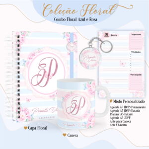 Kit Agenda Floral Digital para Criar Planners e Sublimação 14 Conjunto de papelaria digital com estampa floral em tons de rosa e azul