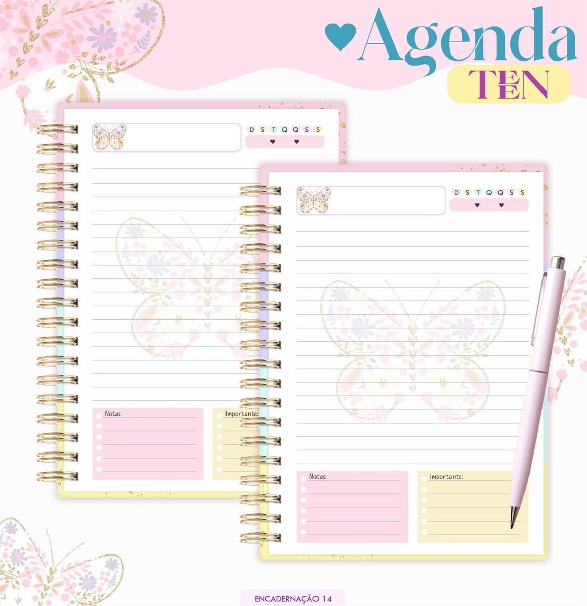 Kit Agenda Teen 2026 Digital para Imprimir e Encadernar 5 Duas agendas espiraladas com estampa de borboleta e caneta rosa sobre fundo branco.