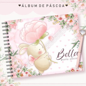 Capa de álbum de Páscoa rosa com coelho fofo e flores ilustradas.