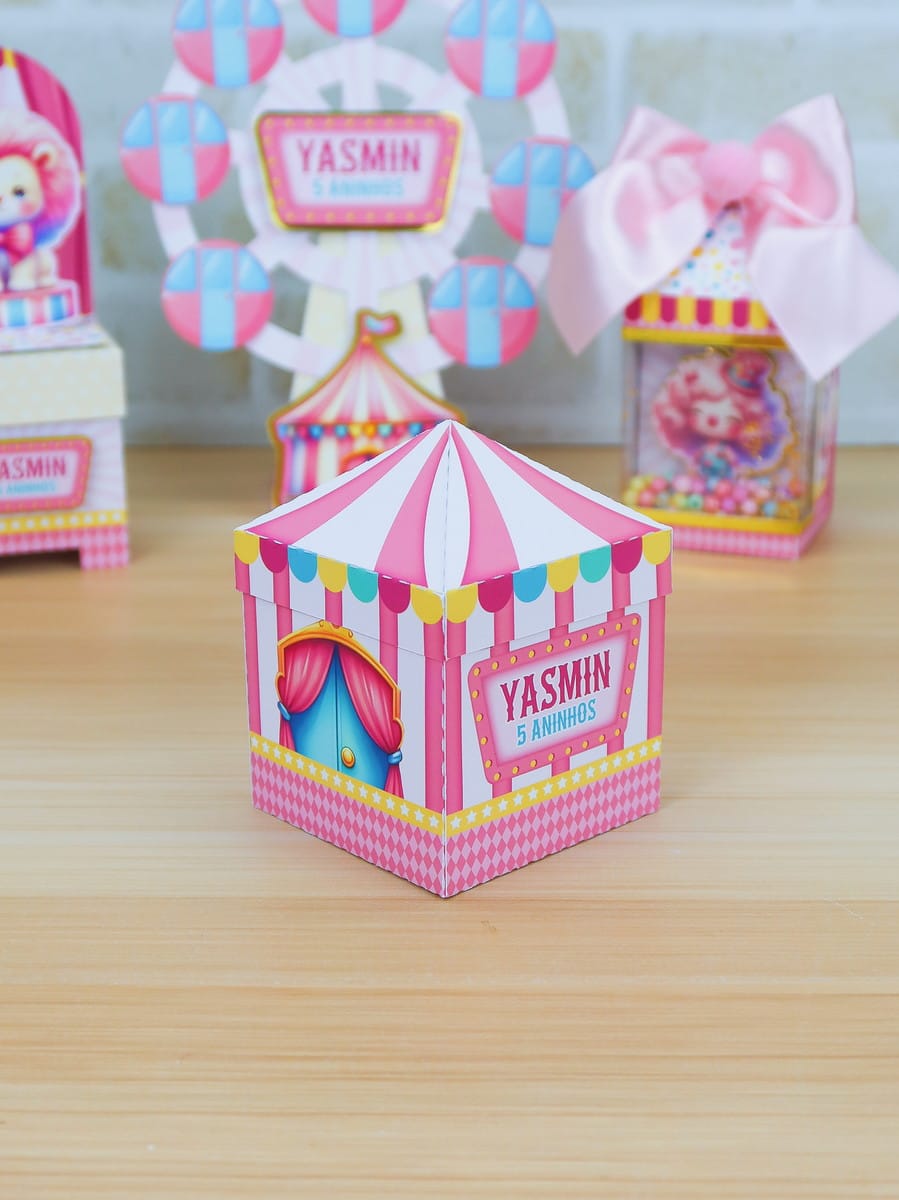 Kit Arquivo de Corte Festa Circo Rosa Candy Silhouette 3 Caixa de papel personalizada com tema de circo em tons de rosa