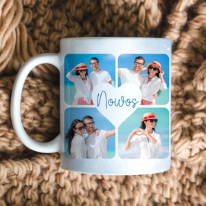 Kit Arte Caneca Casamento PNG Sublimação Noivado 5 Caneca branca personalizada com quatro fotos de um casal na praia e coração