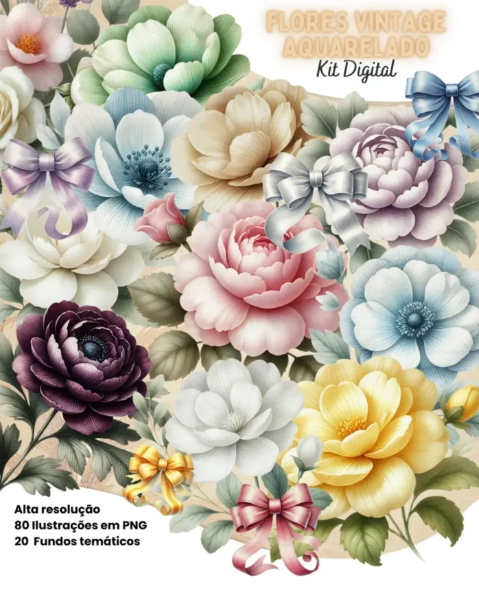 Kit Arte Digital: Flores Vintage em Estilo Elegante PNG