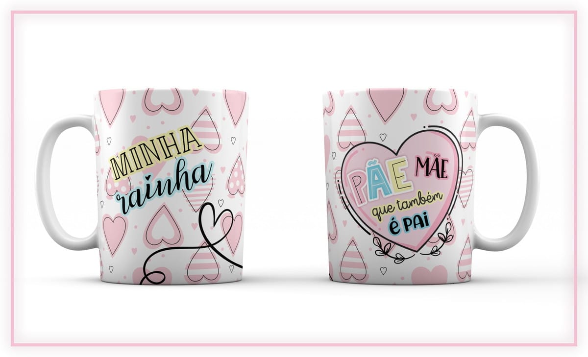 Kit Artes Canecas Pai e Mae PNG para Sublimacao 5 Duas canecas brancas com estampa de corações rosas e frases em português sobre maternidade.