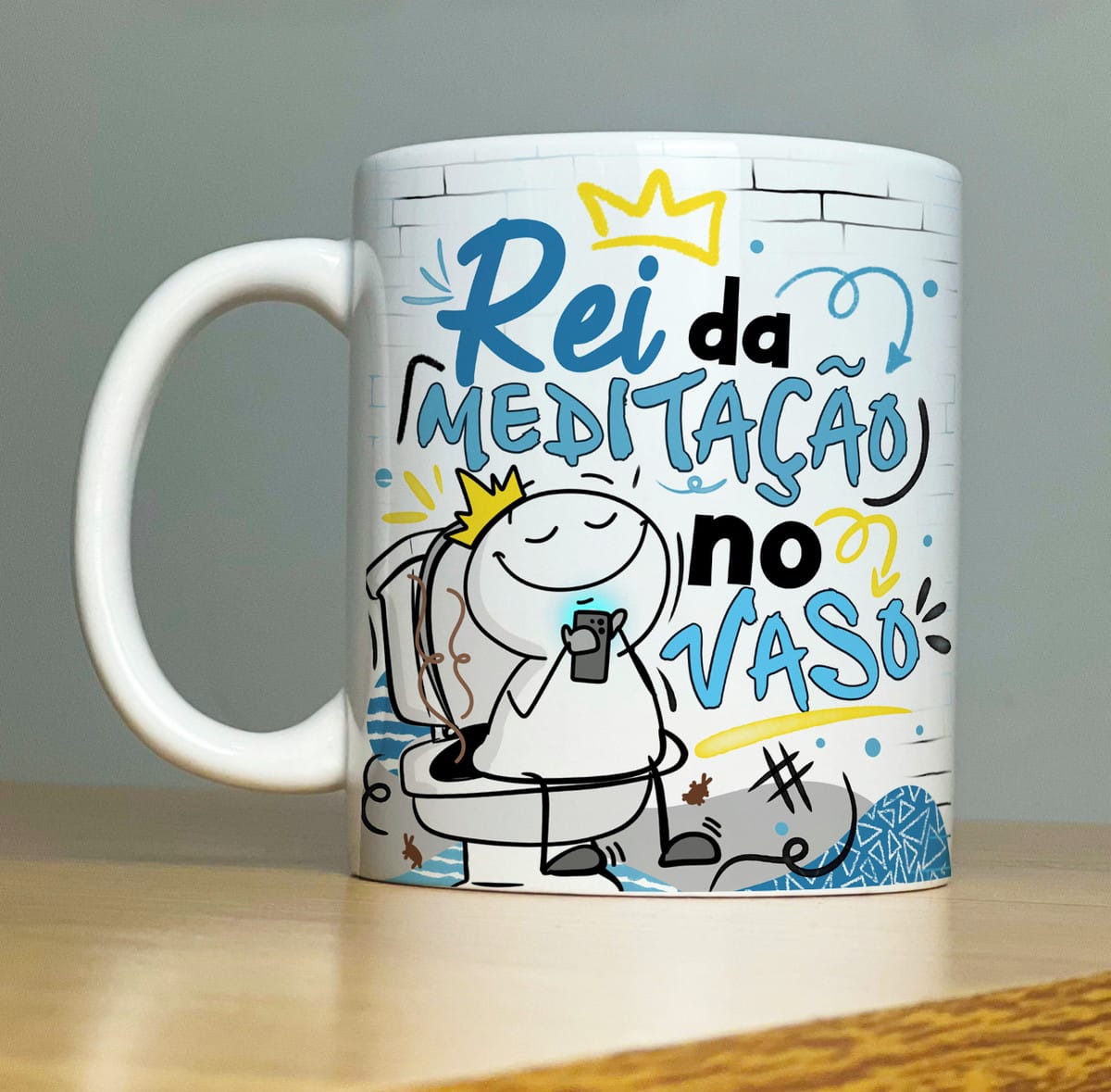 Kit Artes Digitais Flork Pais 2024 PNG para Canecas 4 Caneca branca estampada com desenho engraçado e texto sobre meditação no vaso