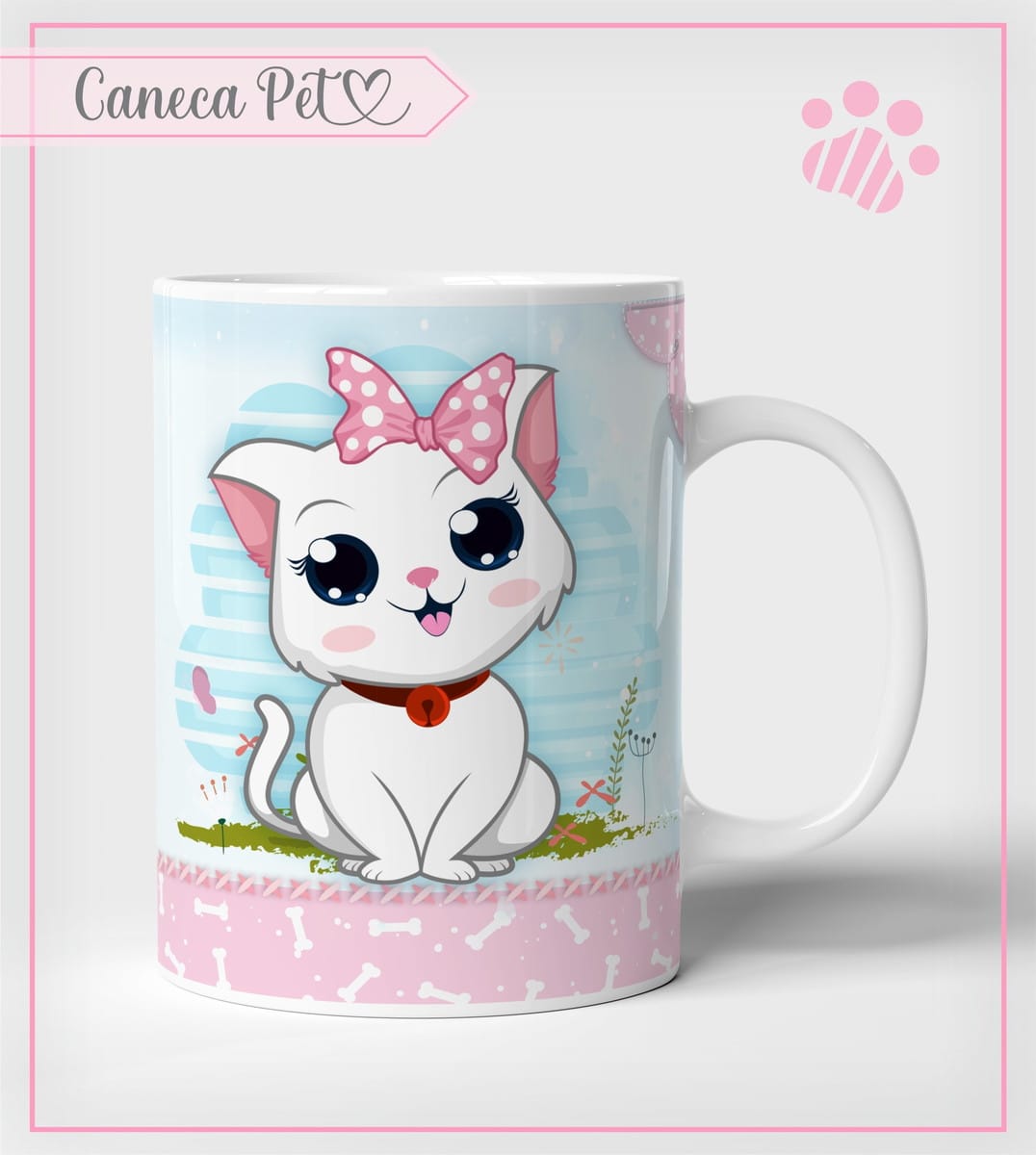 Kit Artes para Sublimação Caneca Pets em PNG PDF e CDR 2 Caneca branca estampada com desenho de gatinha branca com laço rosa na cabeça