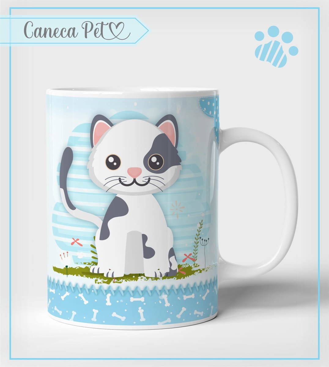 Kit Artes para Sublimação Caneca Pets em PNG PDF e CDR 3 Caneca branca estampada com desenho de um gato branco e cinza sentado