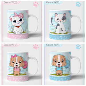 Kit Artes para Sublimação Caneca Pets em PNG PDF e CDR 37 Quatro canecas brancas estampadas com ilustrações fofas de gatos e cachorros coloridos.