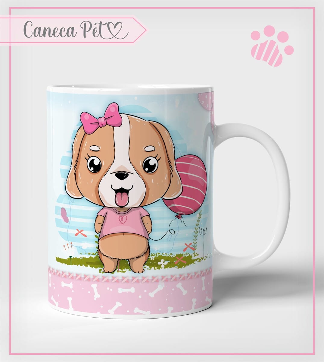 Kit Artes para Sublimação Caneca Pets em PNG PDF e CDR 4 Uma caneca branca estampada com um desenho de cachorrinha fofa com laço rosa.