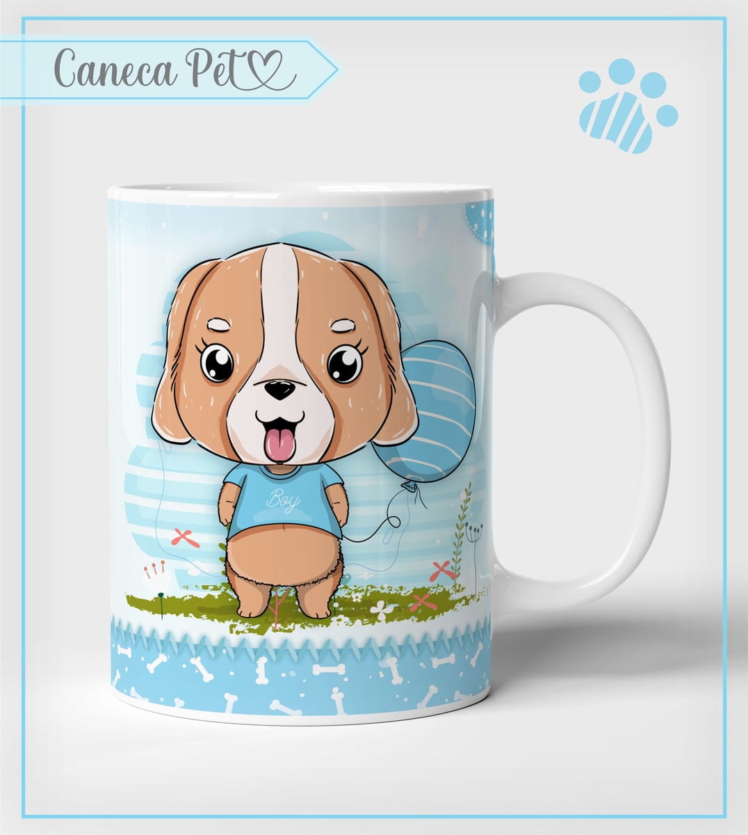 Kit Artes para Sublimação Caneca Pets em PNG PDF e CDR 5 Uma caneca com estampa de desenho infantil de um cachorrinho com balão azul.