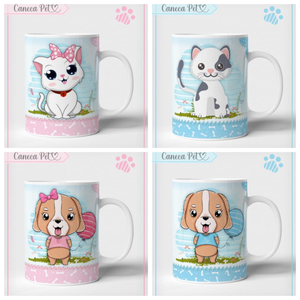 Kit Artes para Sublimação Caneca Pets em PNG PDF e CDR 1 Quatro canecas brancas estampadas com ilustrações fofas de gatos e cachorros coloridos.