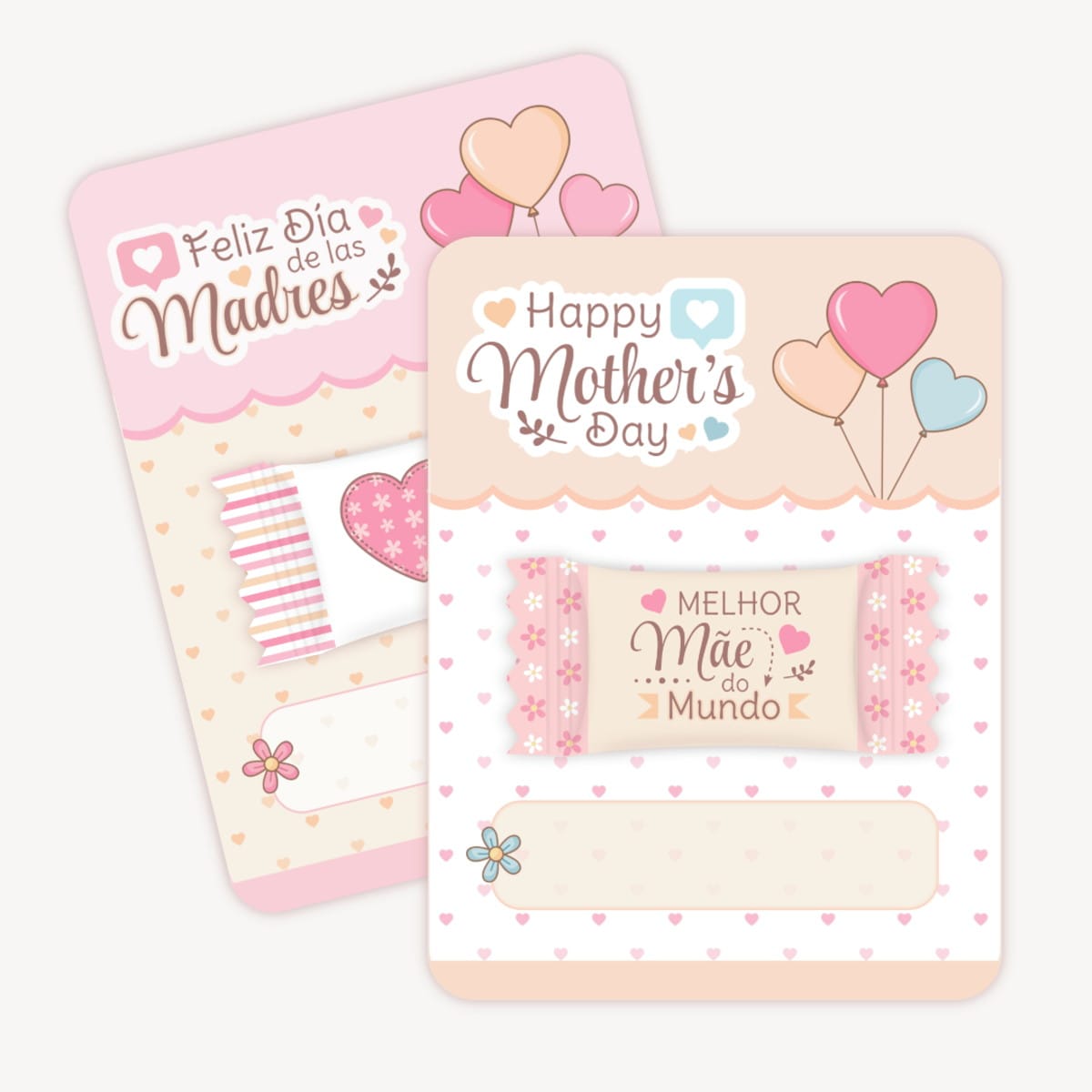 Kit Balinhas Dia das Mães Arquivo Digital em Aquarela 3 Cartões digitais coloridos para o Dia das Mães com corações e doces.