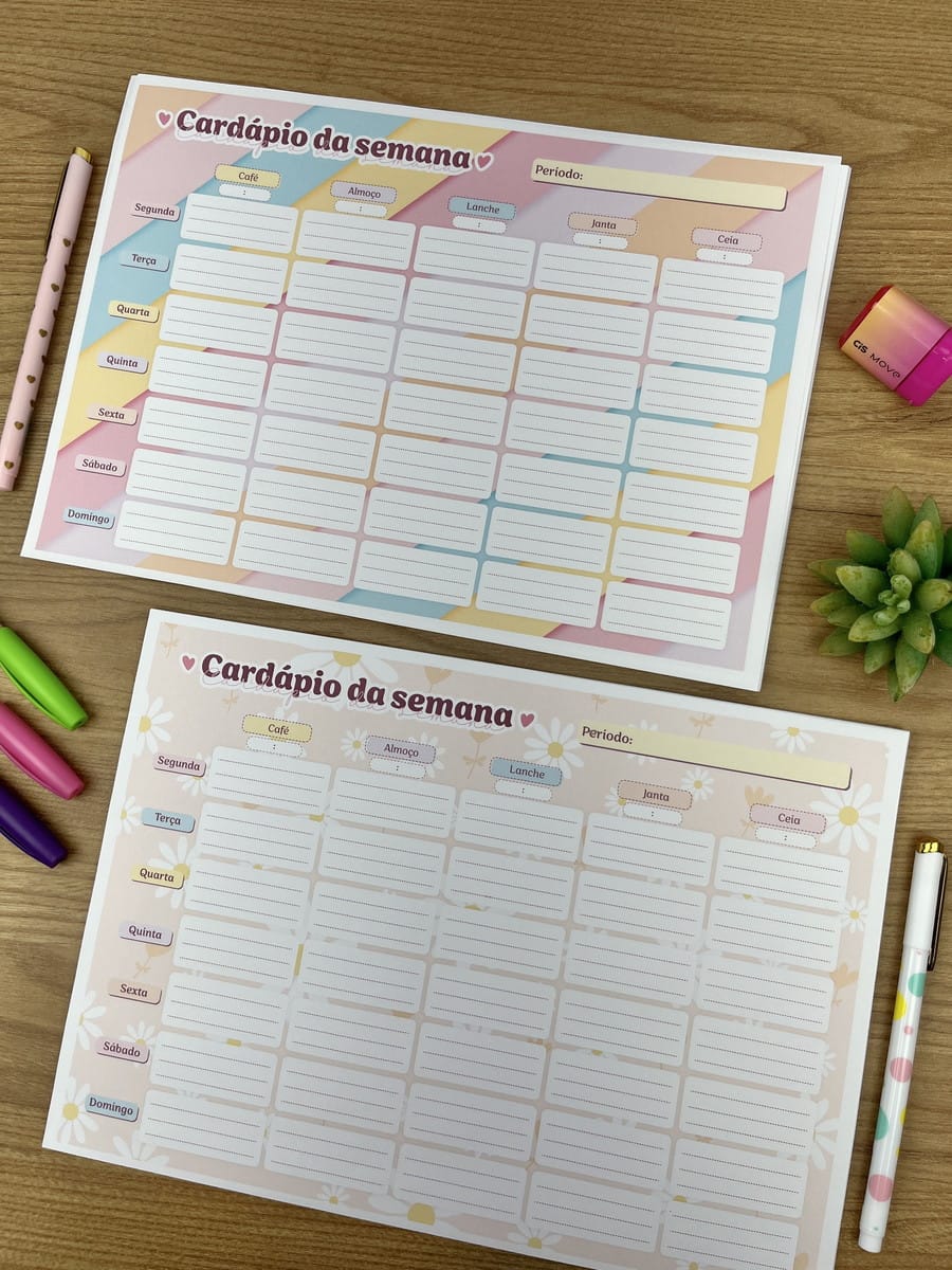 Kit Bloquinhos Digital Floral com Papéis para Imprimir 3 Duas artes digitais de cardápio semanal, uma com fundo geométrico pastel e outra floral.