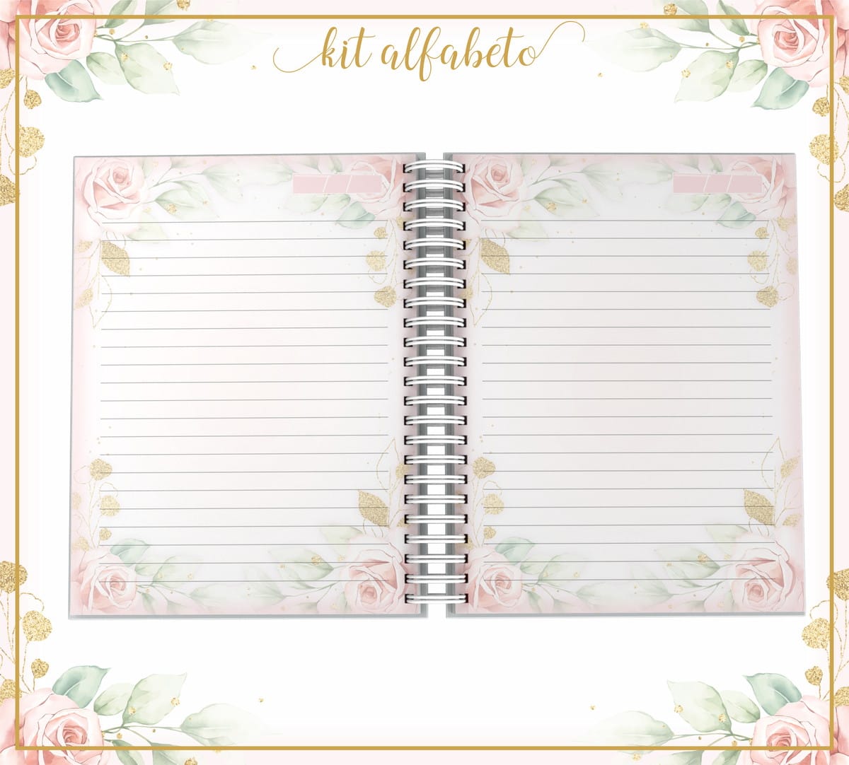 Kit Capa Alfabeto Dourado e Preto para Personalizar 2 Arte digital de caderno aberto com design floral rosa e dourado, linhas.
