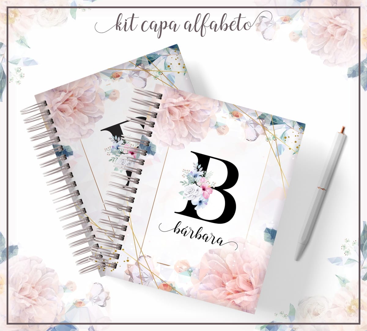 Kit Capa Alfabeto Dourado e Preto para Personalizar 3 Arte digital de capa com letra B floral, flores rosa e detalhes dourados.