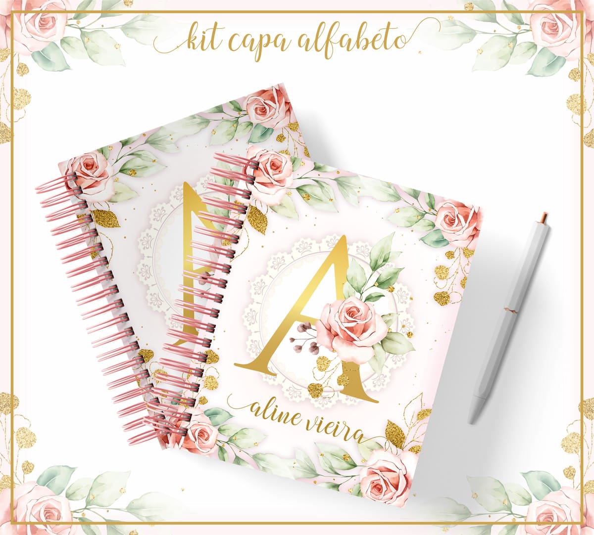Kit Capa Alfabeto Dourado e Preto para Personalizar 1 Arte digital de capas com rosas cor-de-rosa, folhas e letra A dourada.