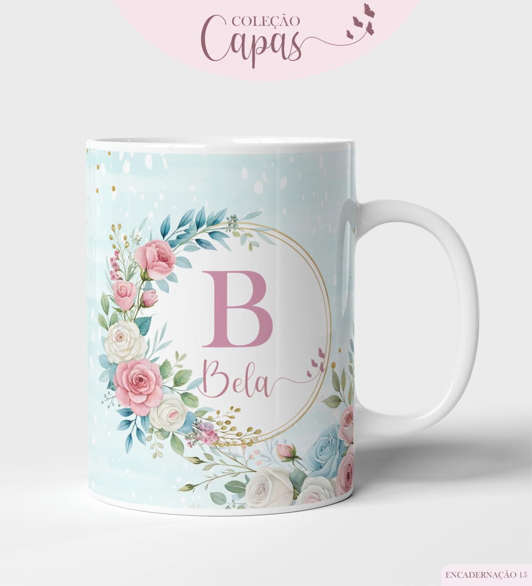 Kit Capas A5 e Artes para Canecas Floral Vintage 2 Caneca branca personalizada com estampa floral em tons pastéis e a letra B.