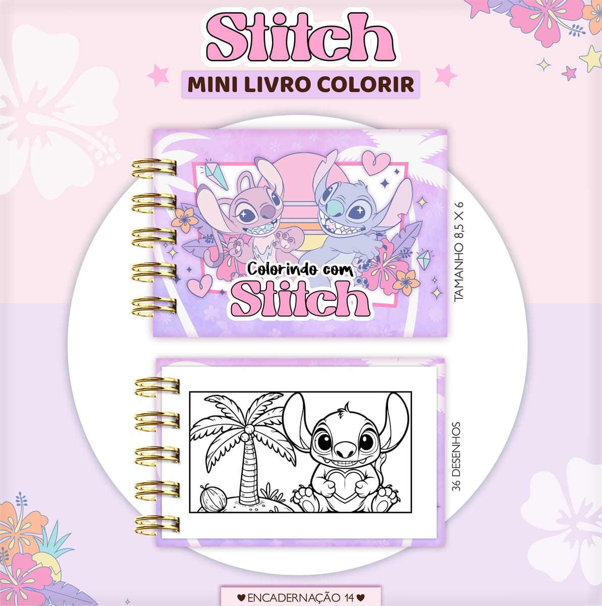 Kit Colorir Stitch Mini Digital para Projetos 2 Capa e página interna de um mini livro de colorir com personagens ilustrados.