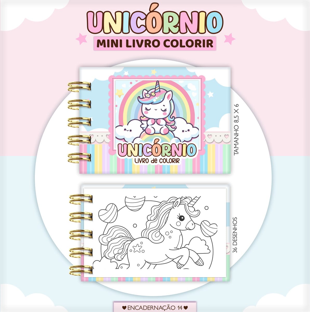 Kit Colorir Unicórnio Digital para Criar Lembrancinhas 1 Dois mini livros de colorir com capa e página interna de unicórnio.