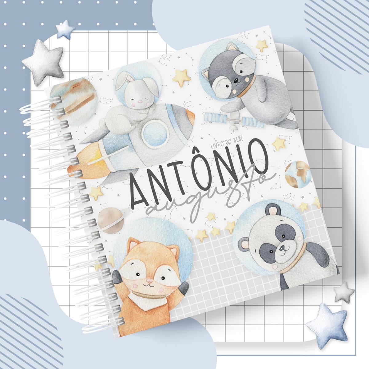 Kit Astronauta Aquarela Arquivo Digital Completo 2 Arte digital de capa de livro do bebê com tema espacial e animais fofos.